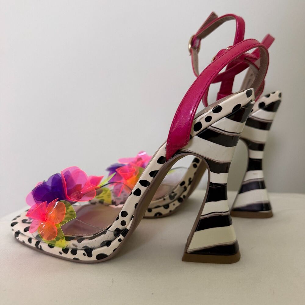 Betsey Johnson Artsy Jelly Sandals Heels 7M Dalmatian Stripe Neon Colorful Funky